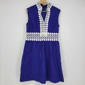 Elizabeth McKay sleeveless dress cotton linen blue white lace 12